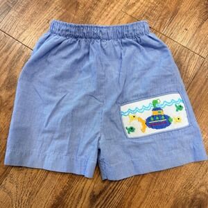 Zuccini Kids Blue Gingham Smocked Submarine Shorts 12M Nautical Pull On